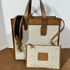 Coach Brown and Cream Signature Field Tote Bag Set